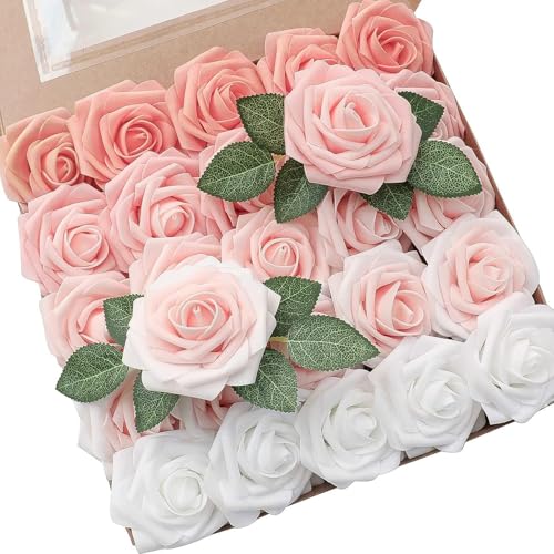 Artificial Flowers Roses with Stems for DIY Wedding Christmas Tree Bouquet Baby Shower Centerpiece Floral Arrangement Party Home Decor Mothers Day Decorations (Gradient Color Peach, 25 Pieces) - color: Gradient Color Peach, size: 25