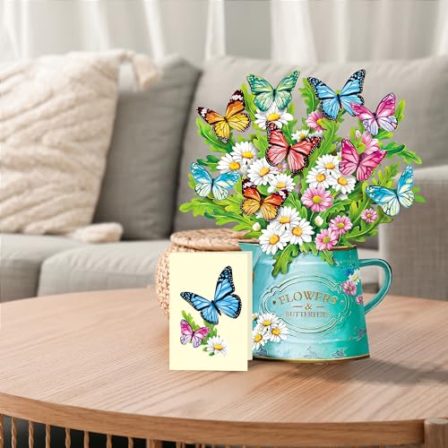 Airpark 3D Pop Up Paper Flowers Bouquet Card 12’‘ with Note & Envelope, Birthday Gifts, Get Well, Thank You, Greeting Cards for Women Mom Wife Friends, Daisies and Butterflies - style: Daisies and Butterflies