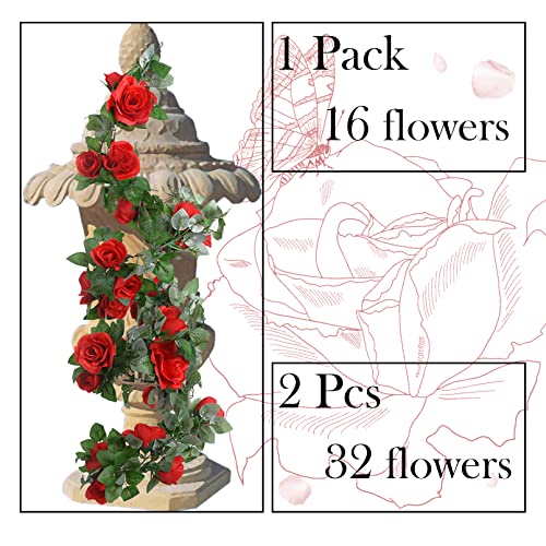 2 Pack Artificial Rose Vine Garland Fake Roses Flowers Plants Vines Hanging Floral Leaves Decoration for Wedding Party Table Garden Arch Wall Home Room Decor(Red) - color: Red, size: 【2 Pcs】
