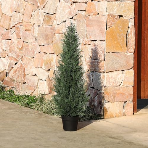 Laiwot 3FT Artificial Cedar Topiary Trees for Outdoors Potted Fake Cypress Trees Faux Evergreen Plants for Home Porch Decor Set of 2 - size: 3ft