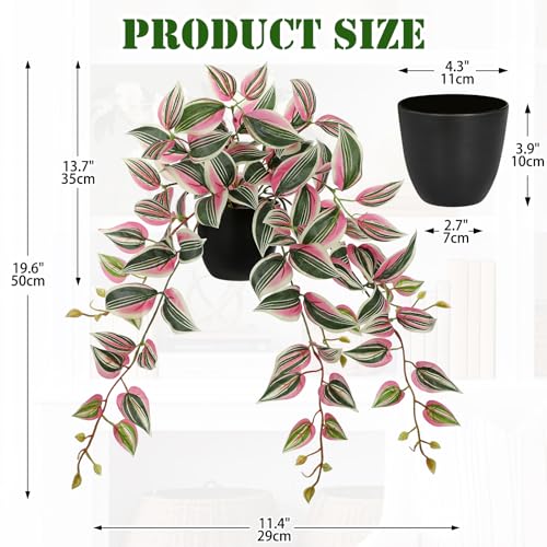 DILATATA Fake Plants Artificial Potted Plants 20 Inch Faux Peperomia Ivy Vine Plant Hanging Plant for Home Office Desk Shelf Indoor Outdoor Decor - color: Wandering Jew-green&pink