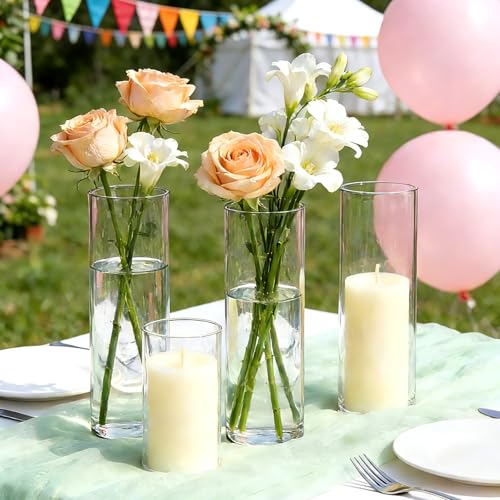 16 Pack Glass Cylinder Vase, 7.67" H×2.36" W Clear Vases for Centerpieces, Flower Vases for Bouquet,Hurricane Vase Ideal for Wedding Table Centerpieces, Floating Candles & Bouquet Arrangements - size: Smooth-16PCS