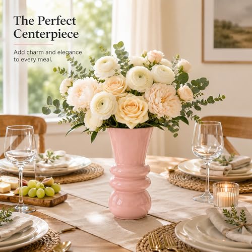Pink Glass Vase for Flowers, Modern Decorative Flower Vase, Table Centerpiece for Dining Room, Living Room, Office Desk and Home Decor, Floral Arrangement Vase, 9.84 Inch - color: Transparent
