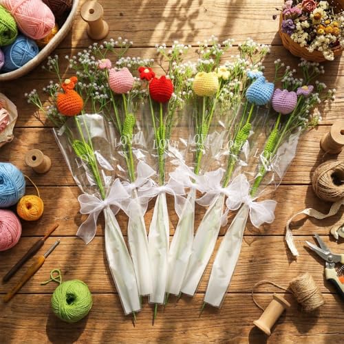 Suncalla 6 Bundle Mother's Day Crochet Flower Bouquet Handmade Crochet Rose Artificial Babys Breath Puff Flowers Bouquet Gift for Woman, Graduation Supplies(Multicolor,Tulip) - color: Multi Color, style: Tulip