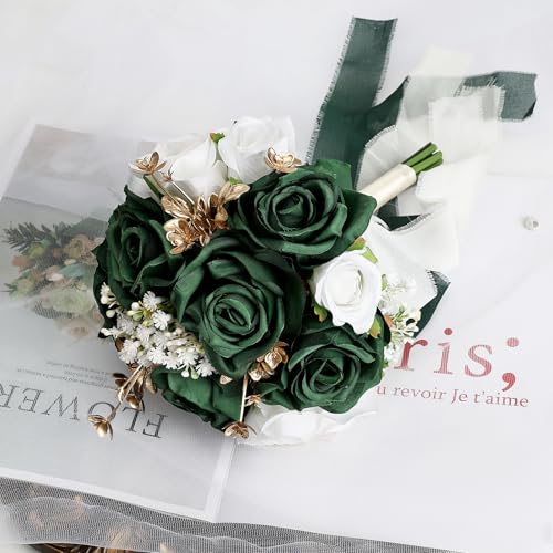 Wedding Bouquet for Bride - Premade Simple Artificial Roses Flowers for Bridal Shower Destination Ceremony Anniversary Decorations - Emerald Green & Gold & White - color: Emerald Green & Gold & White