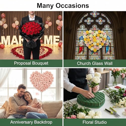 Goaste 4 Pack Heart-Shaped Floral Foams, Large Green Florist Foam with Suction Cup Tray, Wet Flower Mud Blocks, Green Florist Sponge Bricks for Wedding Car Decoration, DIY Flower Arrangement