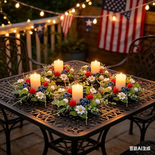 6 Pcs Mini 4th of July Hanging Wreaths for Cabinets with Navy Blue Rose and White Daisy Flowers Artificial Small Independence Day Candle Holder Wreath with Red Stripes for Front Door Window Porch Wall - color: Patriotic-2