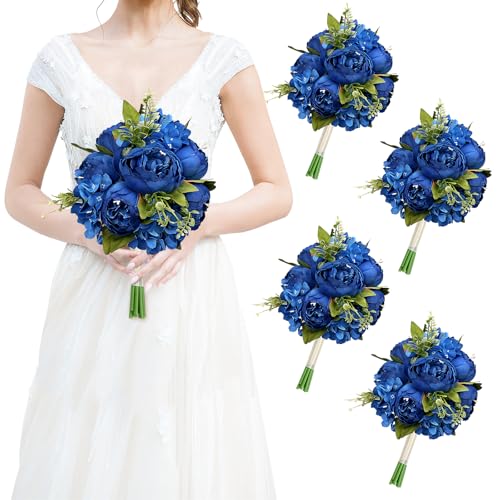Royal Blue Bridesmaid Bouquets for Wedding, Set of 4 Artificial Silk Peonies Flowers Bouquet for Marriage Decorations - color: Royal Blue, size: Set of 4 Bouquets