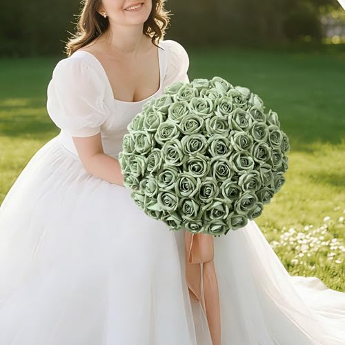 50 PCS Green Roses Artificial Flowers, Real Looking Fake Roses with Long Stems Silk Flowers for DIY Wedding Bouquet Party Celebration Home Bridal Baby Shower Decoration Birthday Gift for Her Wife - color: Eif Green