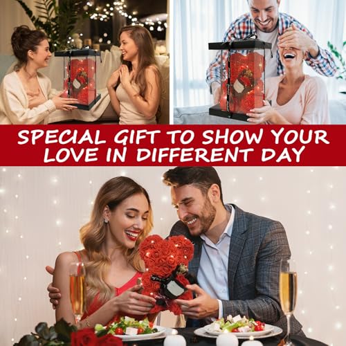 Romantic Valentines Day Gift for Her, Artificial Flowers Bouquet Necklace Rose Teddy Bear with Real Pearl Blind Box Birthday Gift, Valentiness Day Gift for Monther Wife Girl (Red) - color: Red