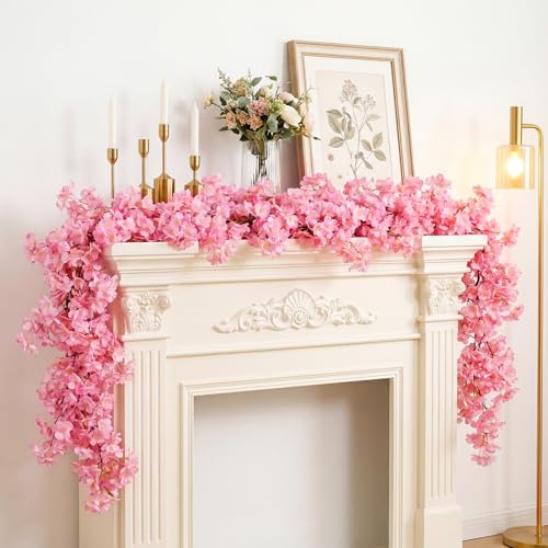 4 PCS Cherry Blossom Garland Artificial Silk Flower Vine Hanging Floral Decor for Wedding Arch Party Home Garden Wall Decoration (Pink) - size: 70in-4pcs-Pink