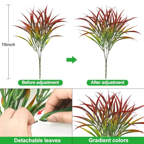 Ouddy Decor 16 Bundles Artificial Plants Outdoor Fake Grass Greenery Stems UV Resistant Faux Plastic Plants Shrubs for Spring Summer Garden Pathway Window Box Farmhouse Front Porch Home Decor, Red - color: Red