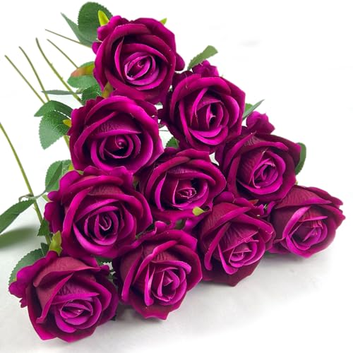 10 PCS Artificial Roses with Long Stems Silk Flowers Realistic Foam Flowers Fake Roses for Valentine's Day Home Wedding Halloween Decor(Rose Red) - color: Rose Red