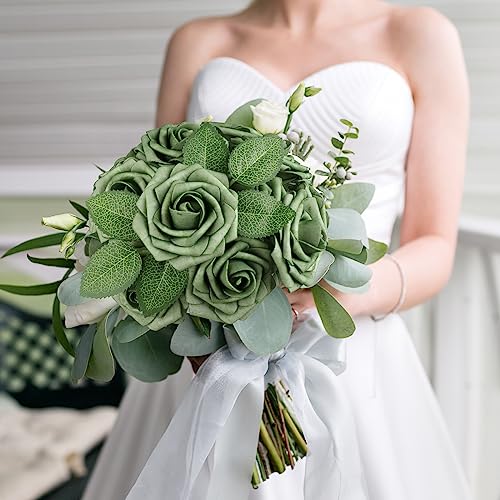 AmyHomie Artificial Flowers Green Rose 25pcs Real Looking Fake Roses w/Stem for DIY Wedding Bouquets Centerpieces Arrangements Party Baby Shower Valentines Day Christmas Tree Decorations - color: Green