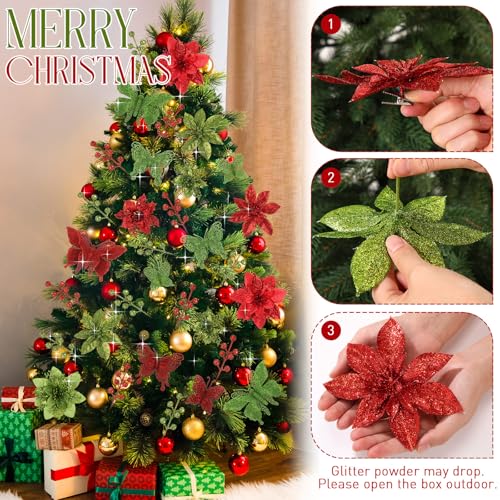 Thiccywoov 122 Pcs Christmas Glitter Poinsettia Artificial Flowers Berry Picks Butterfly Christmas Tree Ornaments 3 Styles Poinsettia kit with Clip for Xmas Wreath Home Tree Decor(Red, Green) - color: Red, Green