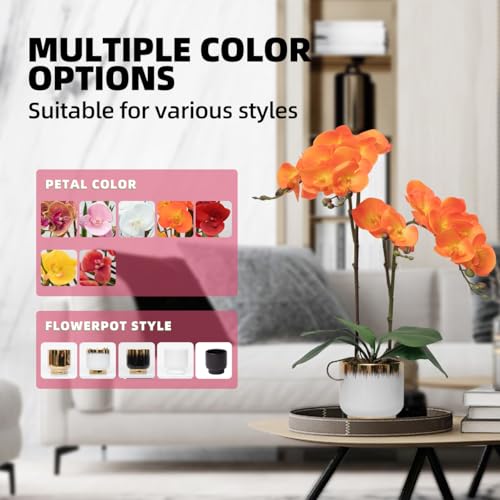 CXGS Orchids Artificial Flowers Real Touch Fake Flowers in Ceramic Pot 20" Orange Faux Orchid Plant Lifelike Silk Phalaenopsis for Centerpiece Hotel Home Indoor Decor - color: Orange- White Gold Vase