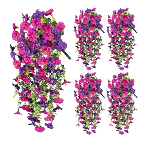 4PCs Hanging Morning Glory UV Resistant Artificial Outdoor Flowers,Faux Flowers for Planters,Hyeflora Cascading Plants Garden,Wedding,Patio,Home Decor,Porch,Yard(Purple Red,2 Bunches/4Pcs) - color: Purple Red, size: 2 Bunches/ 4Pcs