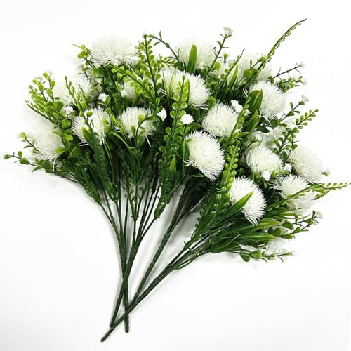 Fake White Dandelion Flowers Simulated Ball Flower Ornaments, Artificial Plant Plastic Faux Greenery Indoor Home Decor Outdoor Garden Wedding Party Christmas Vase Planter Filler DIY Decoration 4 Pack - color: Dandelions - White 4 Pack