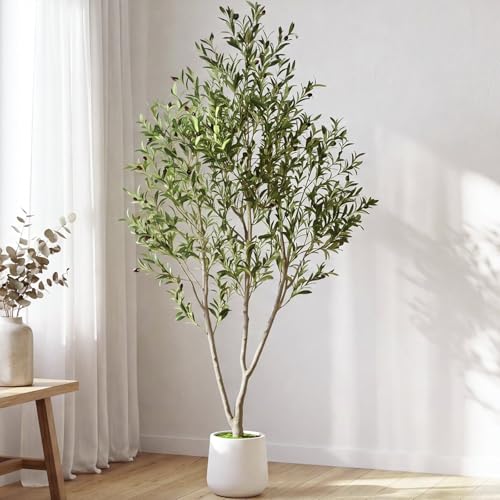 7FT Artificial Olive Tree Indoor with White Pot Tall Planter, Faux Olive Tree with Natural Wood Trunk and Lifelike Fruits for Home Office Living Room Decor - size: 7ft