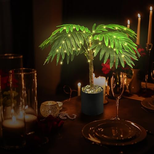 20-Inch Lighted Palm Tree Faux Plant, USB Battery Powered | LED palm leaf design, USB or battery powered, Indoor home decor, Artificial tropical plant, Living room accent - color: Palm Leaf