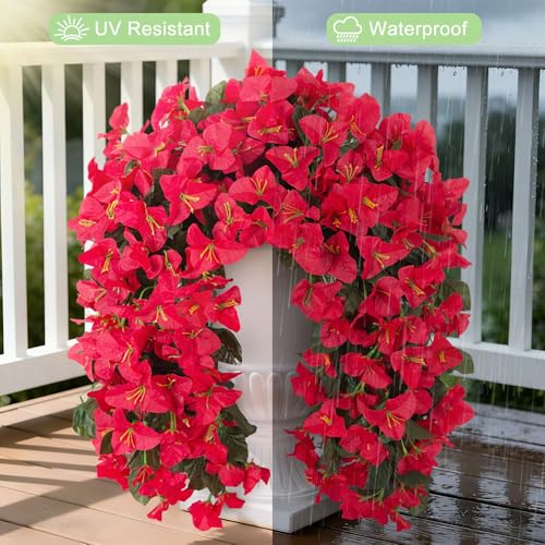 Fake Bougainvillea Artificial Flowers for Outdoors Decoration 2 pcs Faux Hanging Flowers Plants for Outdoor Planters UV Resistant Silk Bougainvillea Vines for Front Door Porch Urn Patio Garden - color: Red