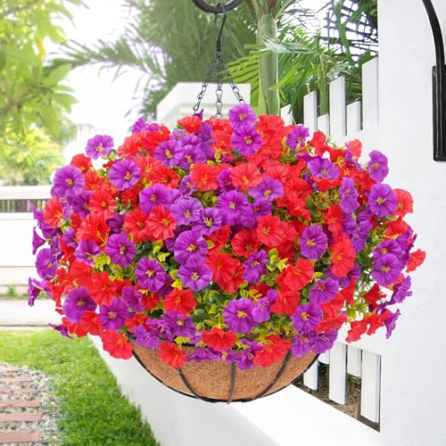 Elyum Artificial Hanging Flowers for Outdoors, Fake Flowers Artificial Petunias Hanging Baskets for Outdoors, UV Resistant Fake Hanging Plants Flowers for Outside Garden Patio Porch Decor - color: Purple&red, size: 1 Pack