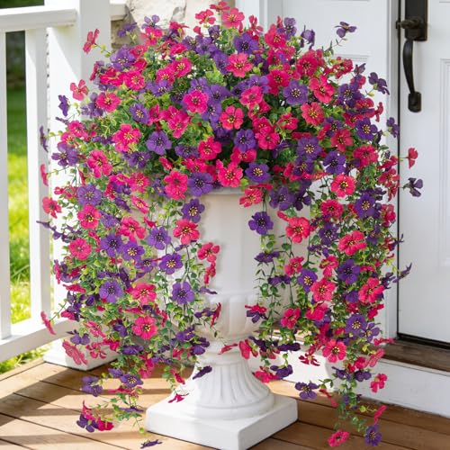 Fake Artificial Hanging Flowers for Outdoors Decoration, 2 PCS Faux UV Resistant Artificial Outdoor Flowers, Fake Plants Look Real Daisy No Fade Spring Decor for Porch Home Patio Balcony and Yard - color: Hanging Flower (Light Purple)