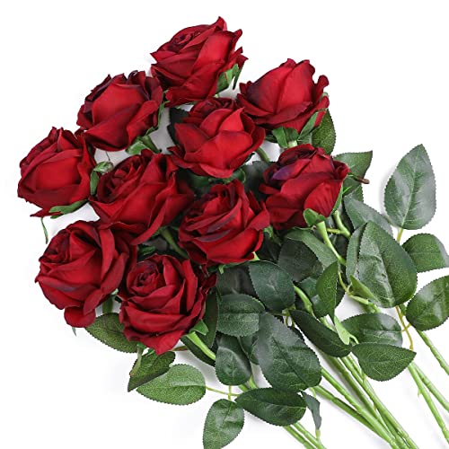 Veryhome Artificial Flowers Silk Roses Real Touch Bridal Wedding Bouquet for Home Garden Party Floral Decor 10 Pcs (Blooming Rose - Gradient Burgundy Red) - color: Blooming Rose - Gradient Burgundy Red
