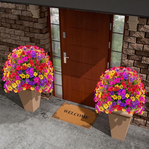 Suncalla 6 Pack Artificial Boxwood Topiary Ball Tree with Violet Flowers, 20" Outdoors Fake UV Resistant Plants with Ground Spike Faux Eucalyptus Shrubs Bushes for Porch Patio Garden (Mixed Color) - style: Mixed Color