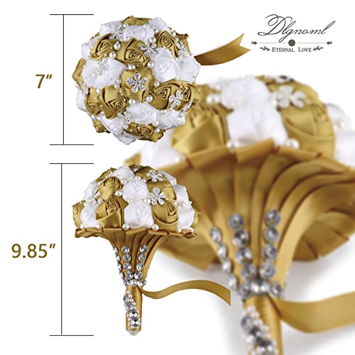 Handmade Wedding Flowers Bridal Bouquets Crystal Bride Holding Bouquet White Ivory Satin Roses with Diamond Pearl Ribbon.(Gold) - color: Lightgold