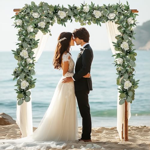 2 Pack Artificial Spring Eucalyptus Flower Garland with White Roses, 13Ft Fake Flower Greenery Floral Green Garland Vines for Wedding Arch Table Runner Backdrop Mantle Home Decorations (White) - color: White & Green (2p)