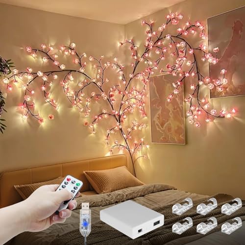 FNHMSL Cherry Enchanted Willow Vine Lights, 5.25FT 72LED Pink Cherry Blossom Tree Branch Lights for Wall, Remote Timer,8 Light Model,Bedroom Wall Doors Wedding, Christmas, USB Battery Box - color: Pink Cherry 72 LED, size: 5.25FT