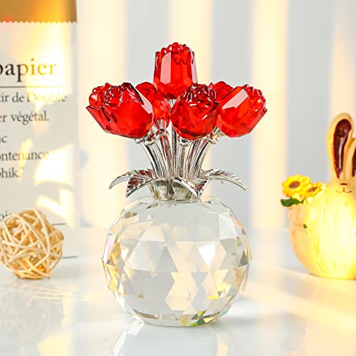 Red Rose Flower Crystal Figurine with Vase, Bouquet Flowers Ornament Gifts for Wife Girlfriend Women , Handmade Crystal Flower Collectible Home Table Decor for Valentine's Day Wedding Anniversary - color: Red-crystal Rose