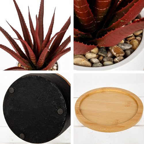 Briful Artificial Red Succulent Plant in Pot with Bamboo Tray, Small Agave Fake Plant for Desk Decor, Modern Aloe Faux Plant for Office, Shelf, Table, Bedroom, Indoor Home Decoration - color: Red Aloe#009
