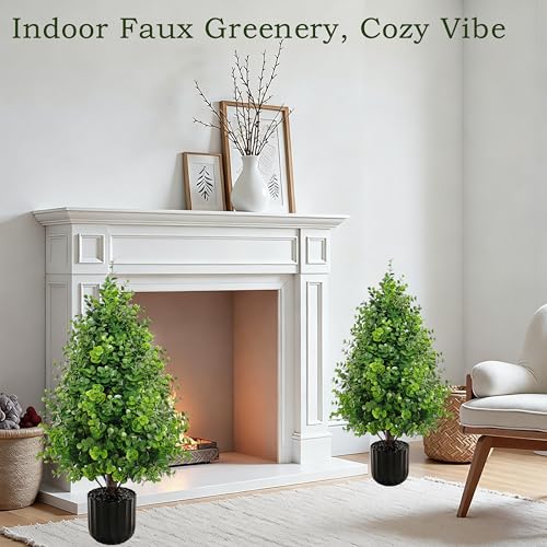 2PACK Boxwood Topiary Trees Artificial Oudoor Indoor, 2.3FT Artificial Potted Plants with Pot, UV Rated Centerpiece Faux Bushes Potted Eucalyptus Tree for 4th of July Outdoor Planters Front - color: Money Plant Green