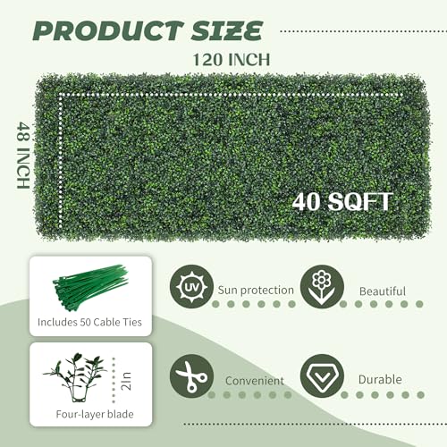 TTTM Artificial Boxwood Hedge Roll: 48"x120" UV-Resistant Faux Green Ivy Leaves Grass Wall Panel Fence for Indoor/Outdoor Privacy Screen, Wedding Backdrops, and Home Greenery Wall Decor. - size: 48"X120"