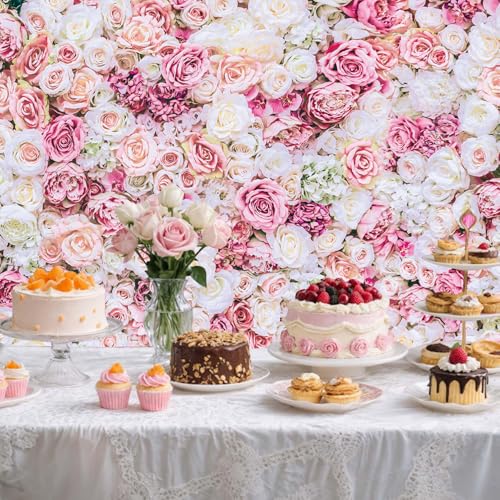 8x6ft Rose Floral Wall Backdrop Pink Rose Flowers Background Tea Party Backdrops Wedding Birthday Bridal Shower Valentine's Day Mother's Day Party Decoration Banner Studio Props - size: 8x6ft