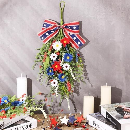 24inch Patriotic Red, White and Blue Floral Swag Wreath for Front Door Patriotic American Floral Teardrop Swags 4th of July Independence Day Rings Wreaths for Pillars Porch Wall Window Decor - color: Daisy Swag