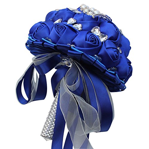 S_SSOY Customizable Romantic Wedding Bouquets Silk Flowers Bridal Holding Roses Bride Bridesmaid Brooch Bouquet with Pearl Diamond Crystal Ribbon Valentine's Day with Free Corsage (Blue) - color: Blue