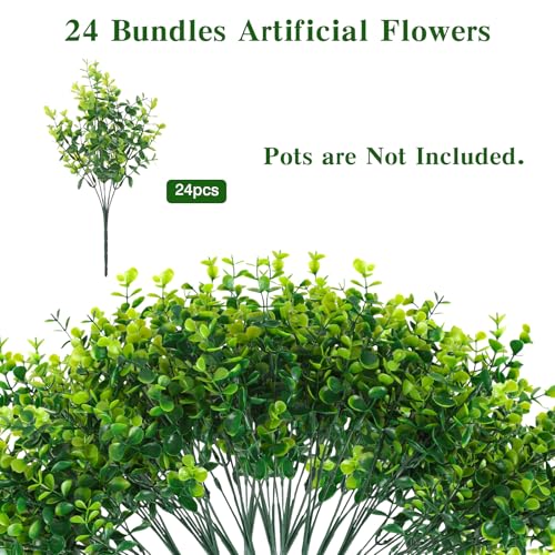 CEWOR Artificial Boxwood Stems 24 Pack Artificial Plants for Outdoor UV Resistant Faux Plants Fake Eucalyptus Shrubs for Room Decor Indoor Outdoor - color: Green Boxwood