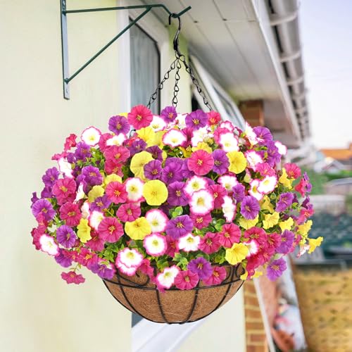 Elyum Artificial Hanging Flowers for Outdoors, Fake Flowers Artificial Petunias Hanging Baskets for Outdoors, UV Resistant Fake Hanging Plants Flowers for Outside Garden Patio Porch Decor - color: Mixed Colors 1, size: 1 Pack