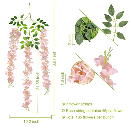 U'Artlines 24 Pack(Total 43.2 Feet) Artificial Fake Wisteria Vine Rattan Hanging Garland Silk Flowers String Home Party Wedding Decor (24, Light Pink) - color: Light Pink