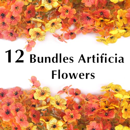 Artificial Mums for Outdoors, 12 Bundles Faux Mums for Outdoor Planters,Uv Resistant Artificial Fake Flowers Plants, Realistic Fall Decor for Porch, Patio, Yard (OrangeYellow) - color: Orangeyellow