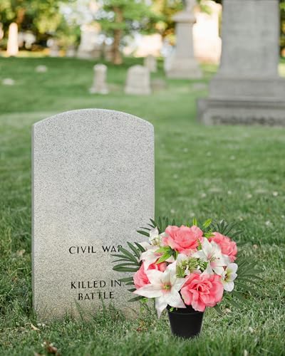 Hollyone Artificial Cemetery Flower for Graves, White Pink Faux Lily Rose Flowers in Pot Silk Cemetery Memorial Flowers for Outdoors Gravesites Headstones Home Decoration - color: Pink-rose Lily