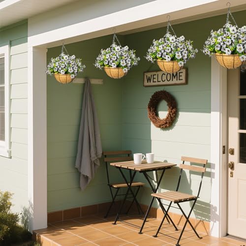 Artificial Hanging Flowers for Outdoors with Basket,UV Resistant Realistic Faux Hanging Plants Outdoor Artificial Flowers for Outdoors Basket for Yard Porch Patio Garden Home Decor,12 Bundles(White) - color: White