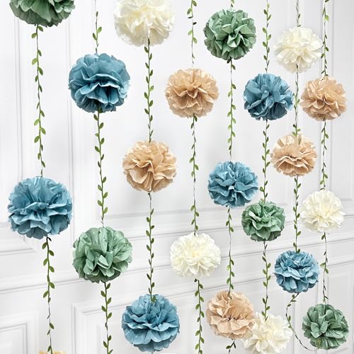 Sage Green Dusty Blue Khaki Beige Tissue Paper Flowers Pom Pom with Leaf Ribbon Hanging Garland Streamer for Birthday Baby Shower Wedding Engagement Silly Goose Themed Party Decorations Supplies - color: sage green blue