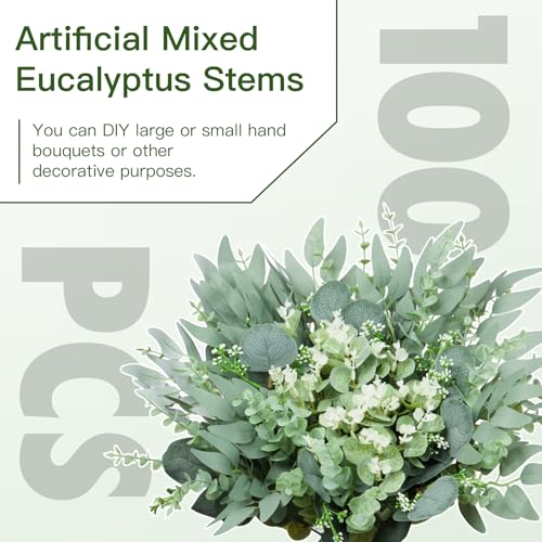 100 Pcs Mixed Artificial Eucalyptus Stems Leaves Bulk, 4 Kinds Faux Greenery Silver Dollar Leaves for Wedding Vase Bouquet Floral Arrangements