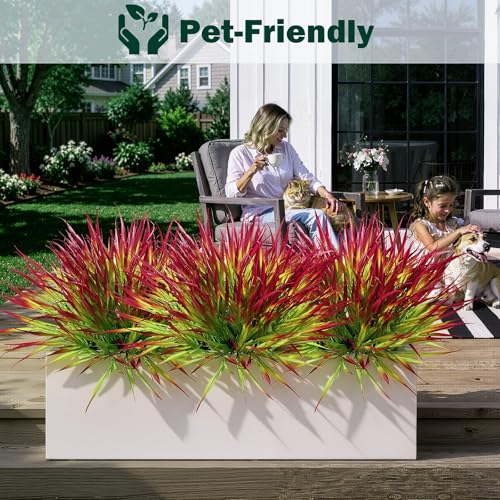 Uieke 28 Bundles Artificial Outdoor Plants UV Resistant Fake Grass Plants Faux Plastic Plants Greenery Shrubs for Home Garden Pathway Window Box Front Porch Summer Fall Decor, Deep Red - color: Deep Red, size: 28