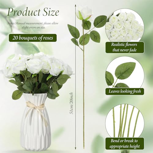 Hotop 20 Pcs Artificial Rose Flowers with Long Stem,Real Lifelike Silk Realistic Plastic Bouquet Roses Bulk for Home Decor Bridal Wedding Party Table Centerpieces Decorations(White) - color: White