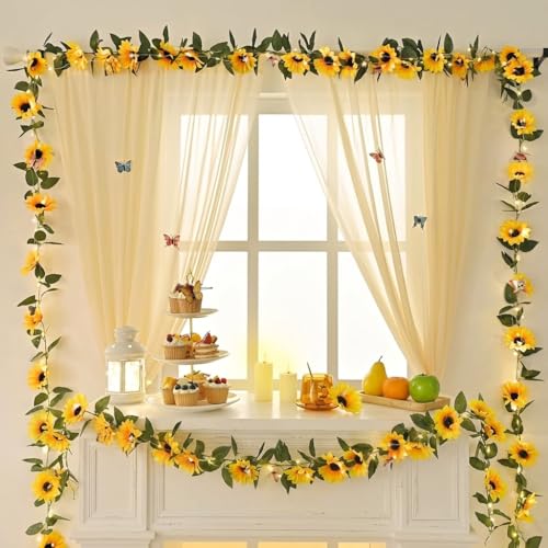 4 Pack Artificial Sunflower Garland Decor with Lights, Sunflower Vines Hanging Flowers Garland with Green Leaves, Fake Yellow Flower Vines Room Wedding Party Decoration(4 Pack) - color: Yellow With Lights, size: 4 Pc